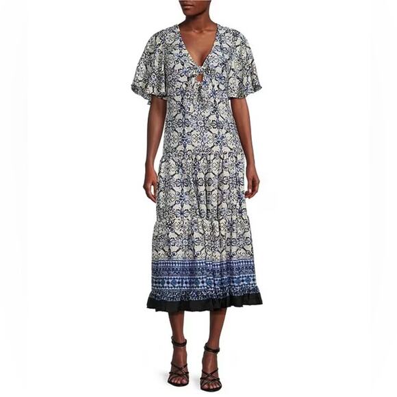 NEW Taylor Blue Floral Cut Out Midi Dress Short Flutter Sleeve Size 6 MSRP $138 - Picture 9 of 9